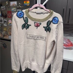 Sylvain Cream Sweater with Blue and Pink Floral Embroidery